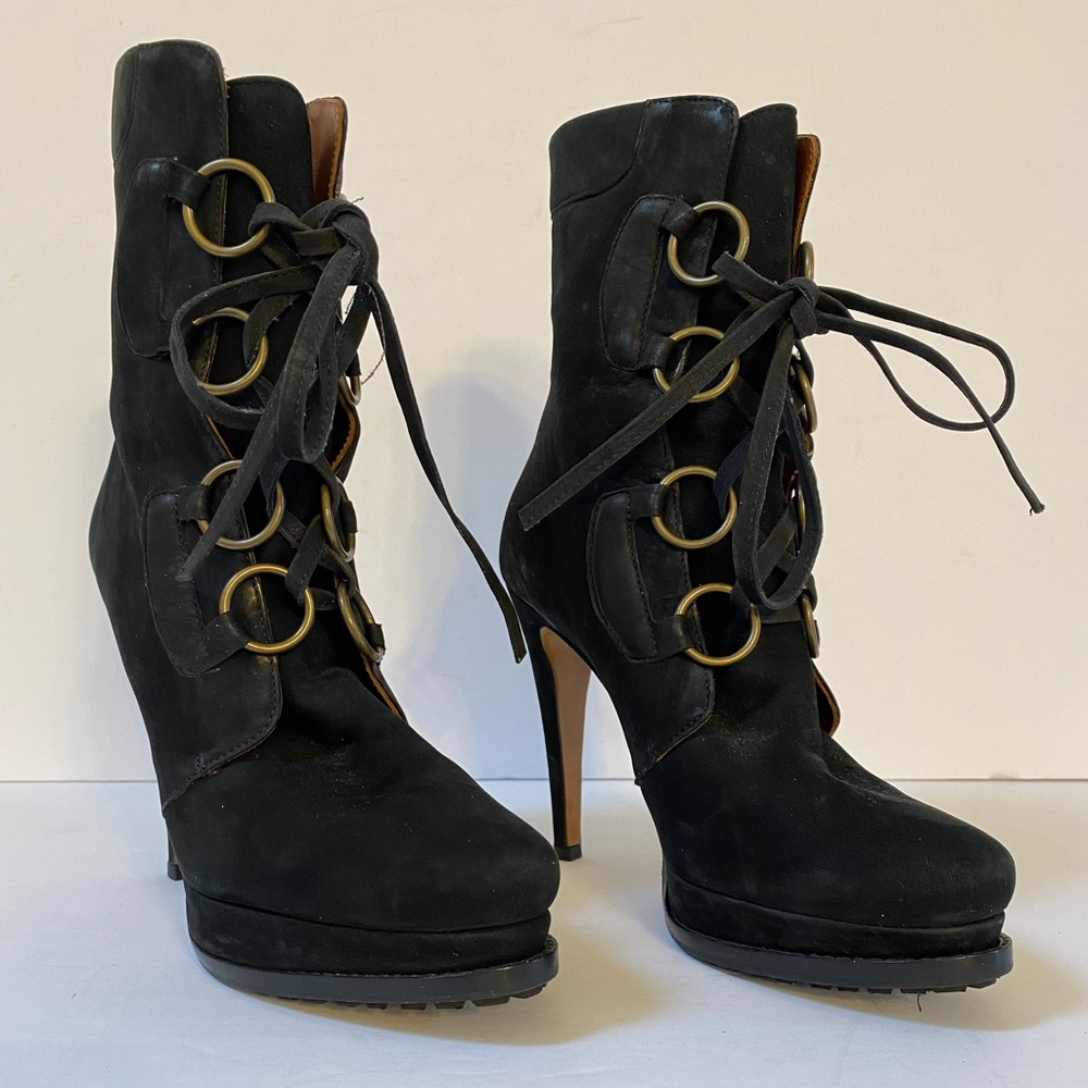 Black Suede Lace-Up High Heel Ankle Boots with Ring Eyelet Detail